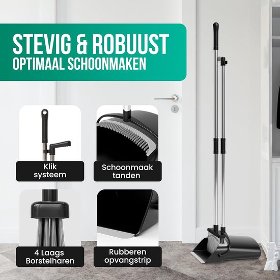 Stoffer en Blik - Veegset Lange Steel - Stofvrij Huis - Verstelbare Steel - 87-127 cm - Zwart — afbeelding 3
