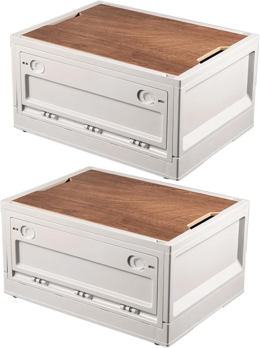 Campingkast - Wit - 46,8 x 34,7 x 23 cm - Stapelbare Kunststof Opbergbox met Houten Deksel - Voor Kamperen en Auto