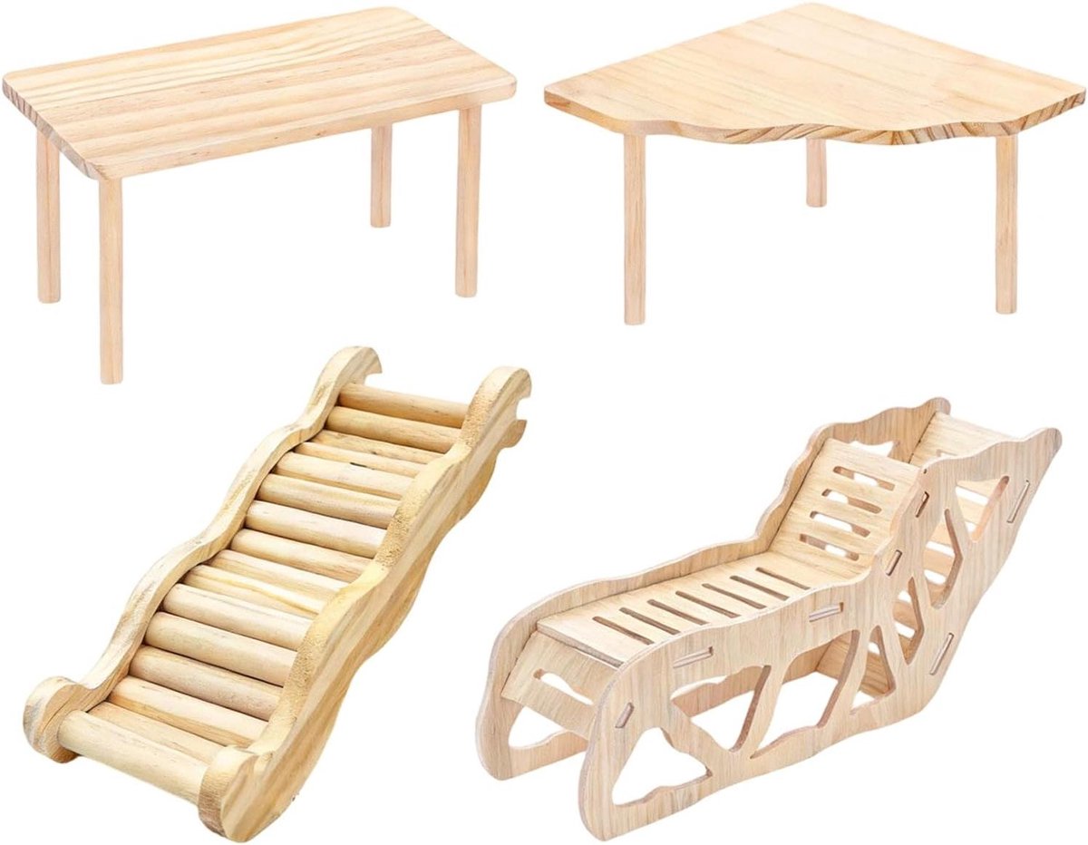 Houten Hamsterladder - Knaagdier Speeltrap - Kooi Inrichting - Kantelbestendige Basis - 295 x 205 x 86 cm - Natuurlijk Hout