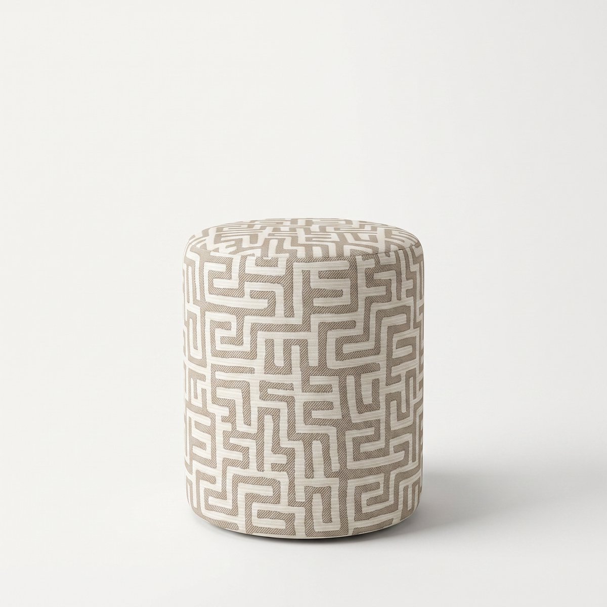 Mörgenn Poef Maze Lin Beige - Ronde Poef en Voetenbank - Jacquard Labyrint - 40x40x50 cm
