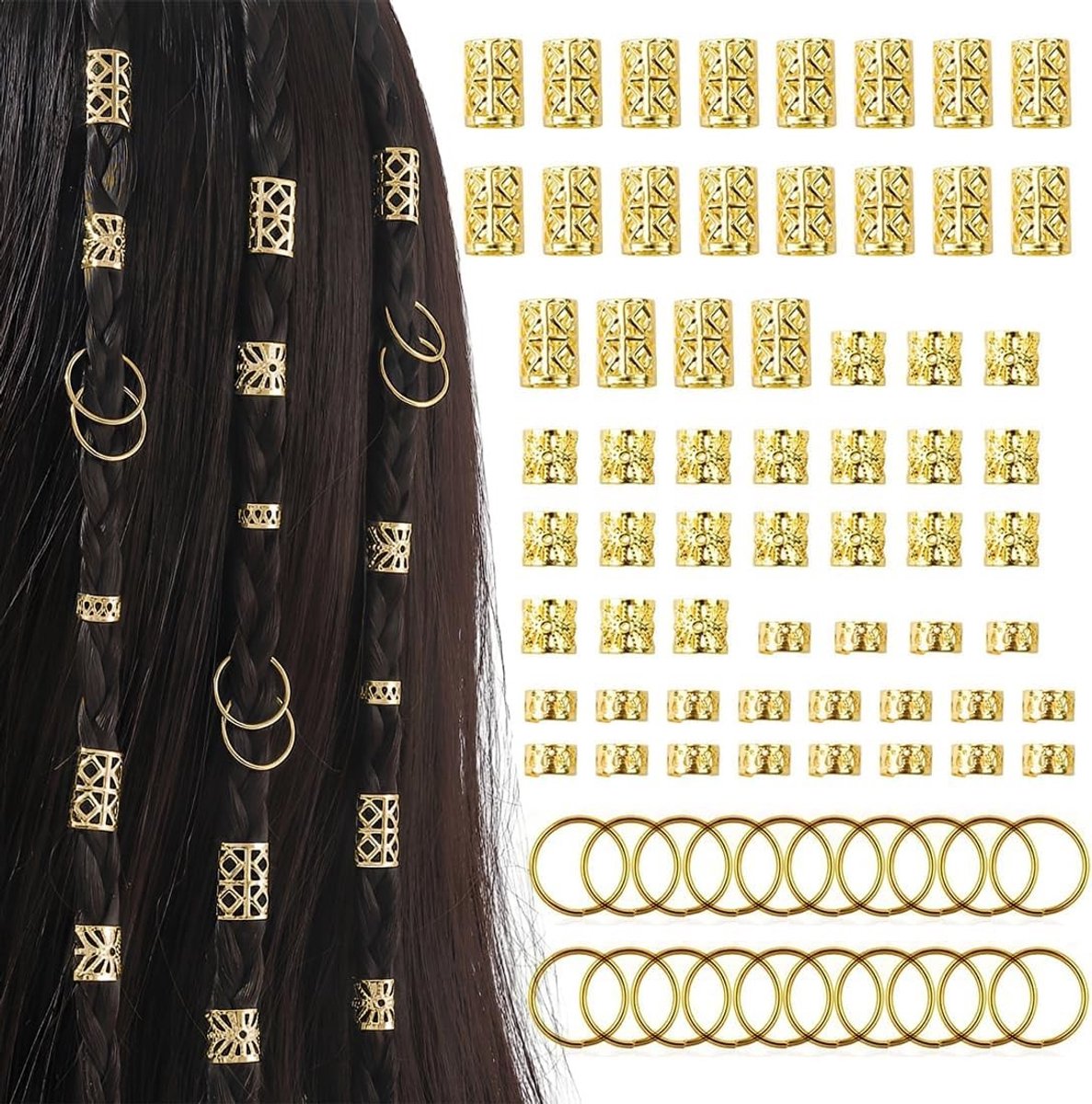 Verstelbare goudkleurige piratensieraden voor vlechten en dreadlocks - 80 accessoires in 4 stijlen voor mannen en vrouwen, perfect voor festivals en kostuums