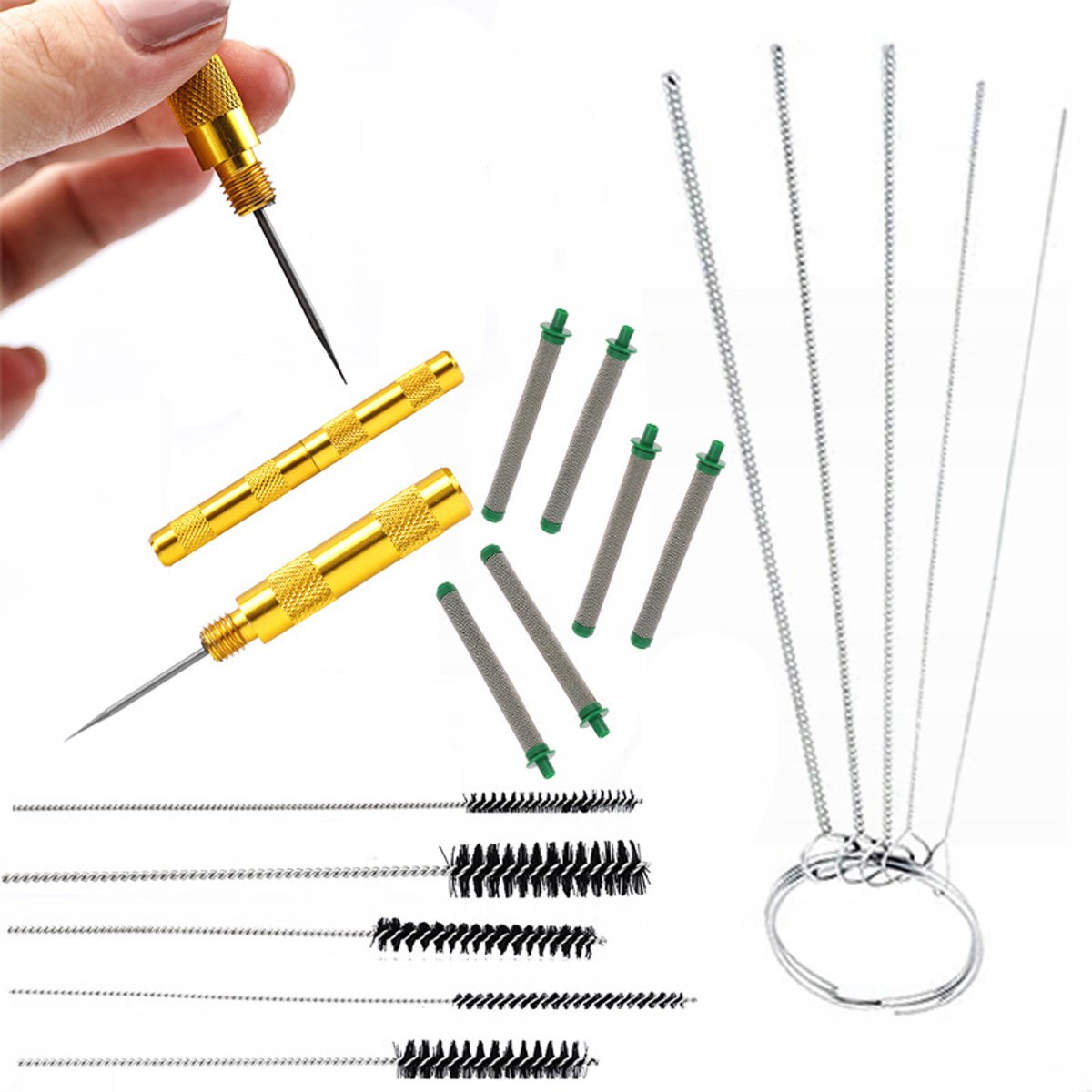 Rosfix Doorsteekpen Set Reinigingsborstels 5x Metalen Reinigingsborstels 5x Vingerfilter 30 Mesh