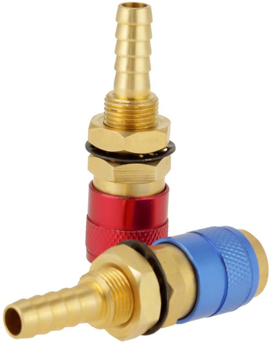 Watergekoelde Gas Adapter - Snelkoppeling - Rood en Blauw - Messing - Geschikt voor Lastoorts - 2 Stuks