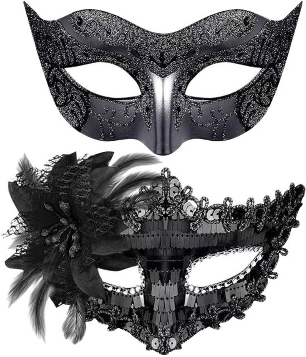 Masker 2 Stuks - Venetiaans Masker - Maskerade voor Koppels - Zwart Glitter Masker - Lichtgewicht en Duurzaam - Elegante Ontwerpen