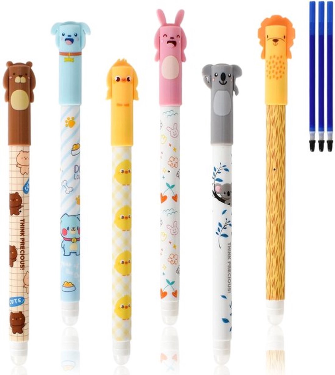 Uitwisbare balpennen, 6-pack Blauwe rollerbalpennen met gel-inkt, 0,5 mm Uitwisbare pennen, 3 reservepenpunten, Ideaal voor studenten - Cadeauidee voor school & kantoor