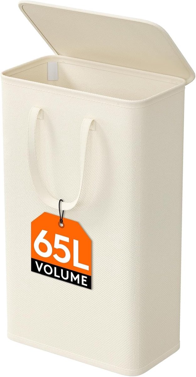 Opvouwbare wasmand - Wit - 65L - Slanke inklapbare wasmand met deksel en draaghandvatten - Voor slaapkamer en wasruimte