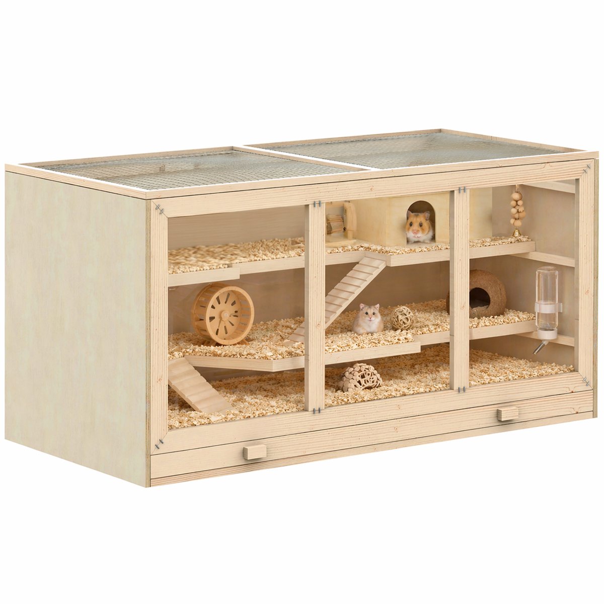 Hamsterkooi - 2 Niveaus - boomhut - dak dat open kan - ramen en twee ladders - 115 x 57 x 55 cm - afwerking met natuurlijke houtnerf