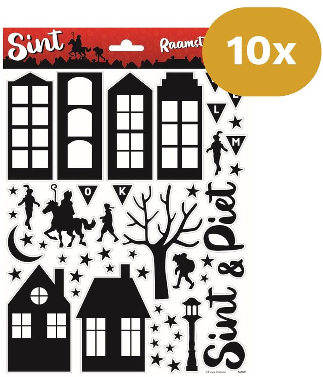 10x Sinterklaas Raamstickers A4 - Sint & Piet Silhouet Raamdecoratie - Herbruikbare Raamstickers