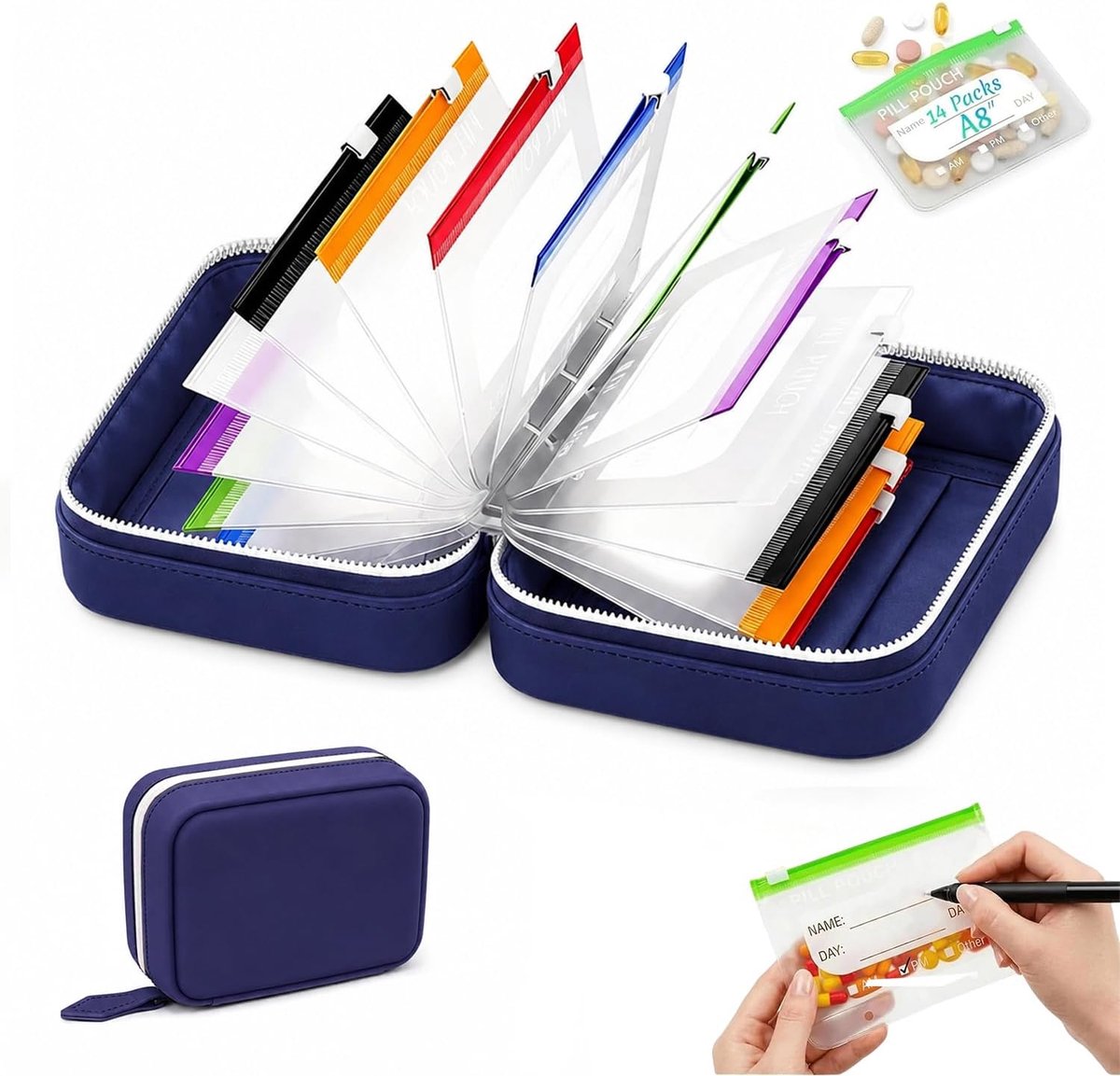 Pillendoos - Pillendoosje - met 14 gekleurde pillenzakjes - Medicijn Organizer - Pillendoos Etui - met Kleurcode & Etiket voor 14 dagen - Thuis & Onderweg - Draagbare Pillendoos Met Ritssluiting - Herbruikbaar - Medicijndoos - Pillenetui -Marineblauw