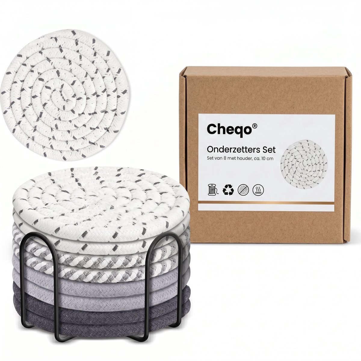 Cheqo® Onderzetters Set van 8 - Coasters - Onderzetters voor Glazen en Kopjes - Onderzettersset - Absorberend - Hittebestendig - Anti-Slip - Geweven - Tafelonderzetters - Metalen Houder - Woonkamer - Keuken - Kantoor - Cadeau - Grijs