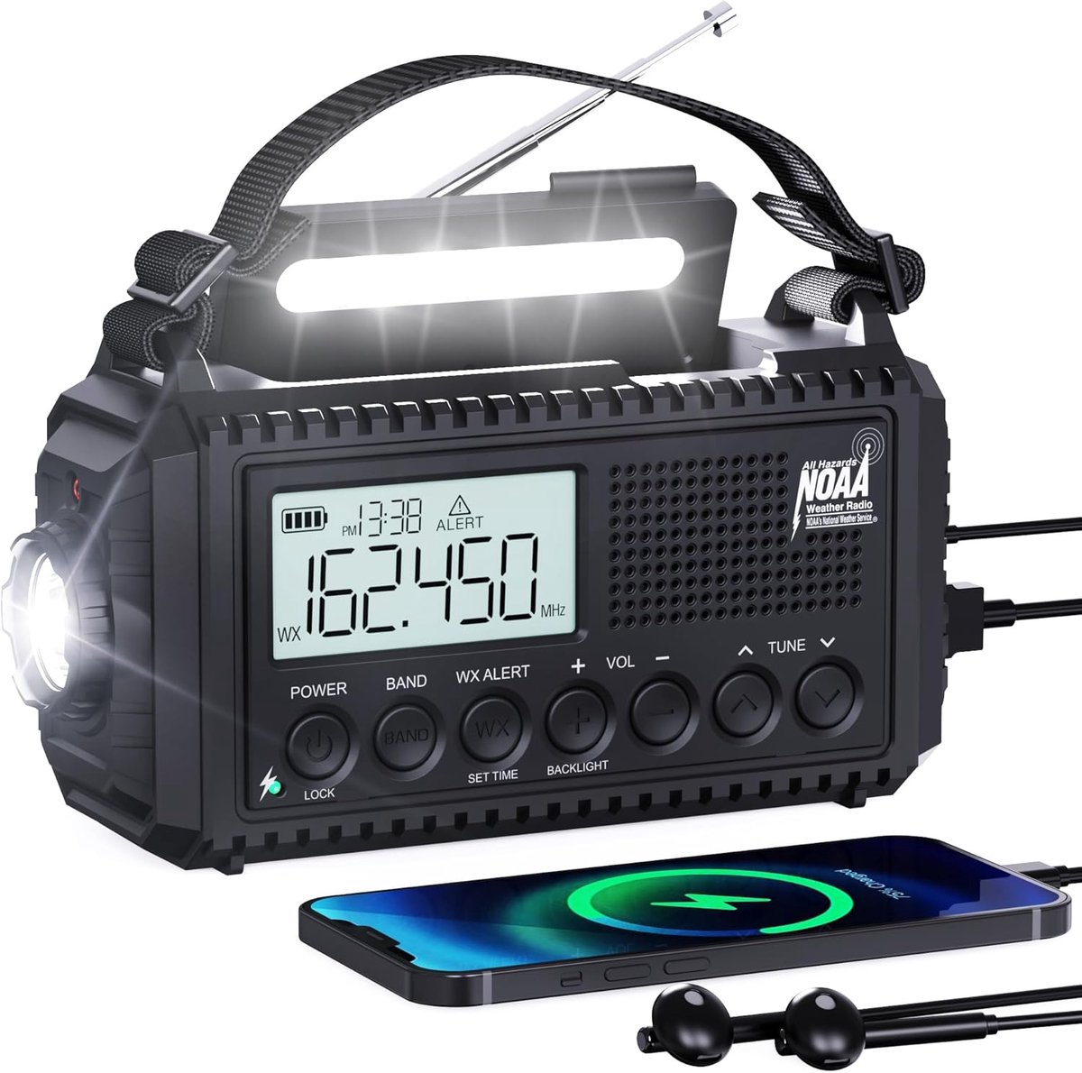 Noodradio DAB+ met 5000mAh Powerbank, Solar & Handslinger, IPX4 Waterdicht, SOS Alarm, Zaklamp en Leeslamp