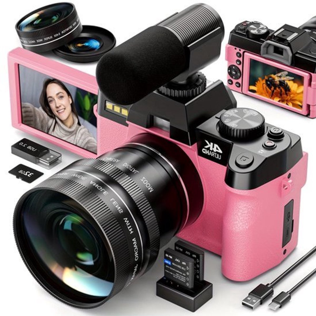 Vlogcamera – Digitale Camera – Compactcamera – Fotocamera – Video Camera – 48MP Sensor – 4K Video & 16x Zoom – Wifi & App Bediening – Anti-Shake – Inclusief 32GB Kaart – Dubbele Batterijen – Roze