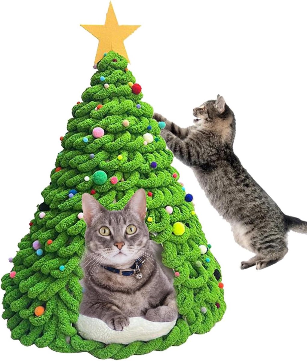 Katten Kerstboom Bed - Huisdier Grot Tent - Comfortabel Ontspannen - Feestelijk Ontwerp - 335B x 20H cm - Groen