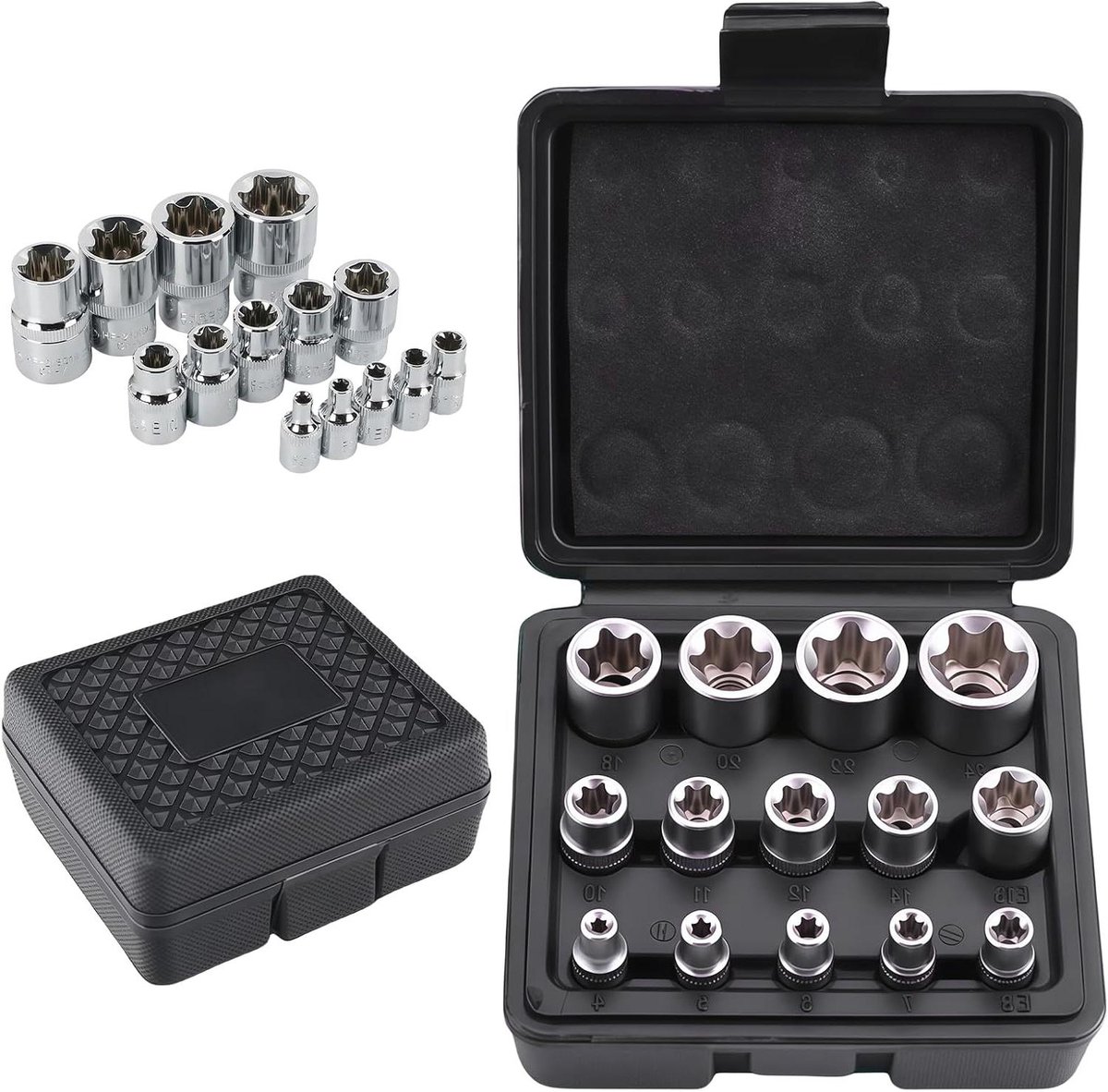 14-delige Torx Steeksleutel Set met 1/2'', 1/4'', 3/8'' en Opbergdoos - E4 tot E24, Ideaal voor Klussen en Onderhoud