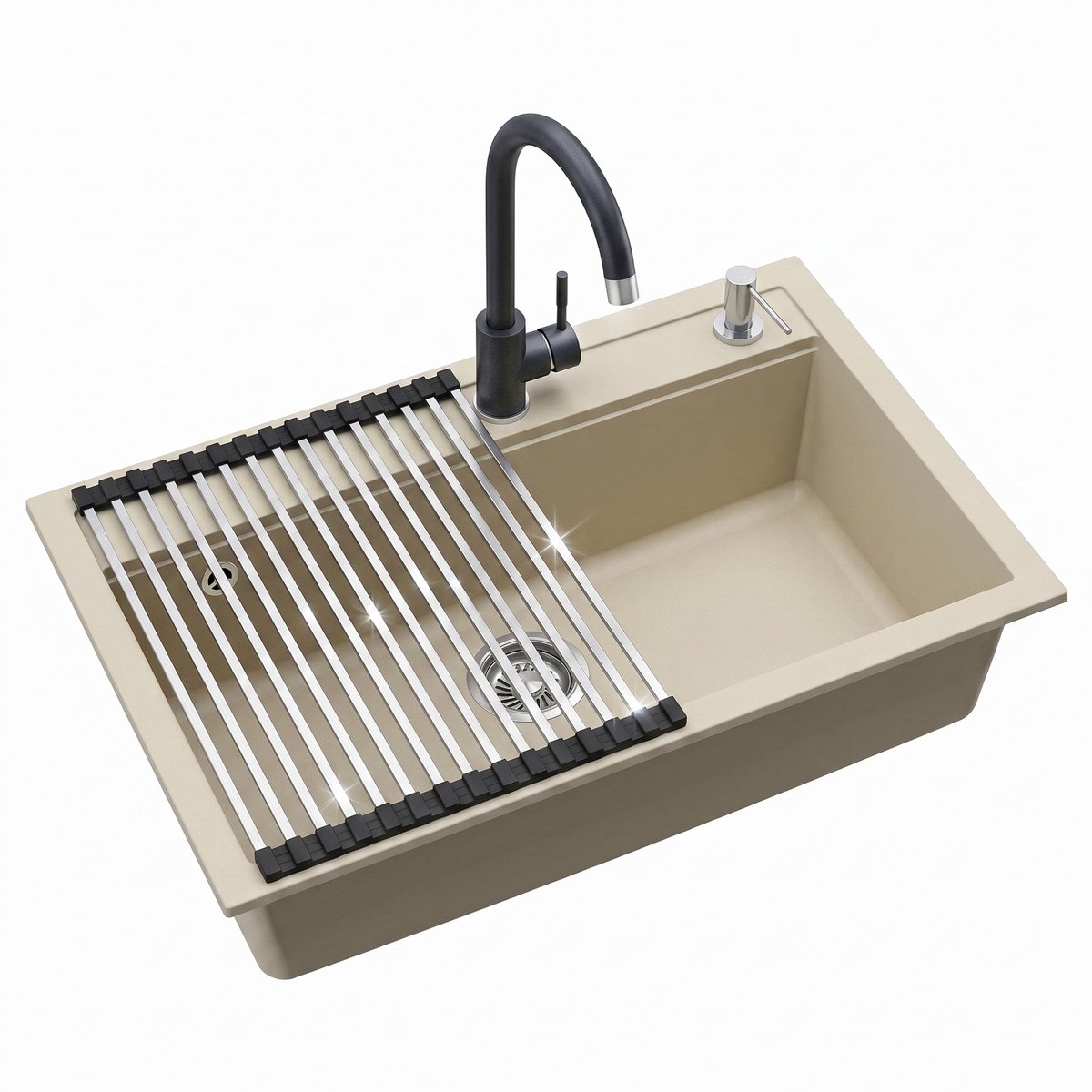 Inbouw granieten spoelbak Gurari SQQ103-113W – Crème, incl. sifon, 795 × 505 mm+ 5523 E2 Roestvrijstalen Keukenkraan + RM-2845 Oprolbare afdruipmat, siliconen + roestvrij staal, 285 × 450 mm