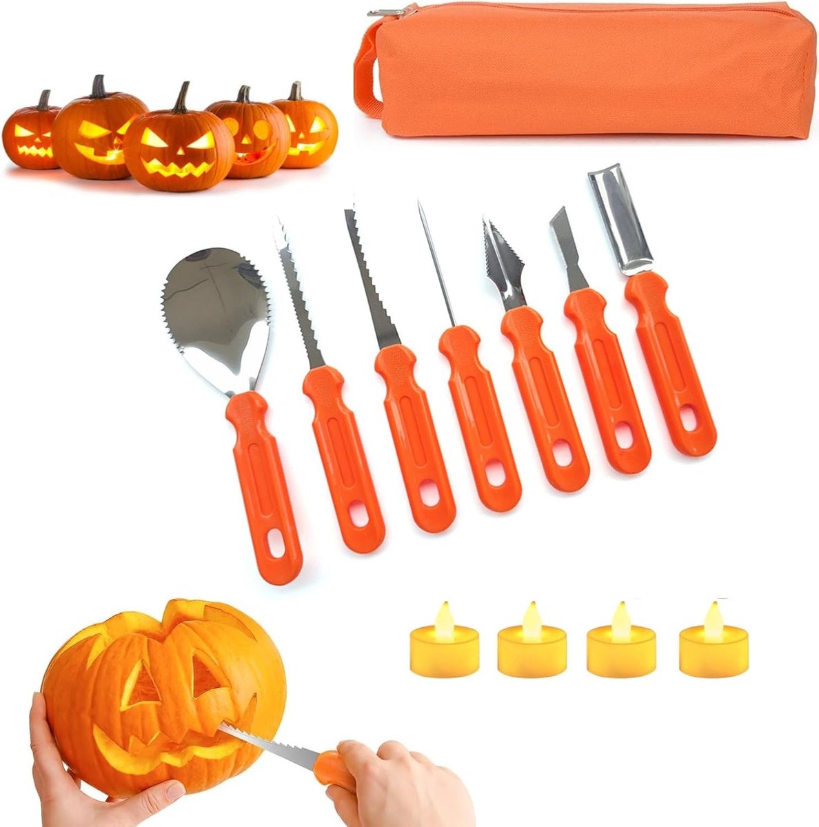 Halloween Pompoen Snijset - Roestvrij staal - 7 Stuks - Inclusief LED Kaarsen - Voor Volwassenen