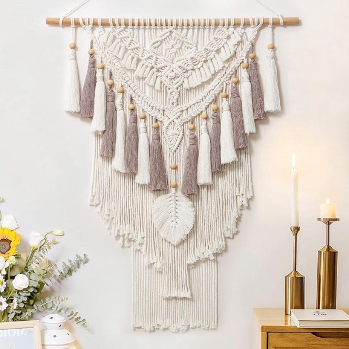 Boho Macramé Wandkleed Geometrisch Geweven Wandtapijt Beige Roze 94x70 cm
