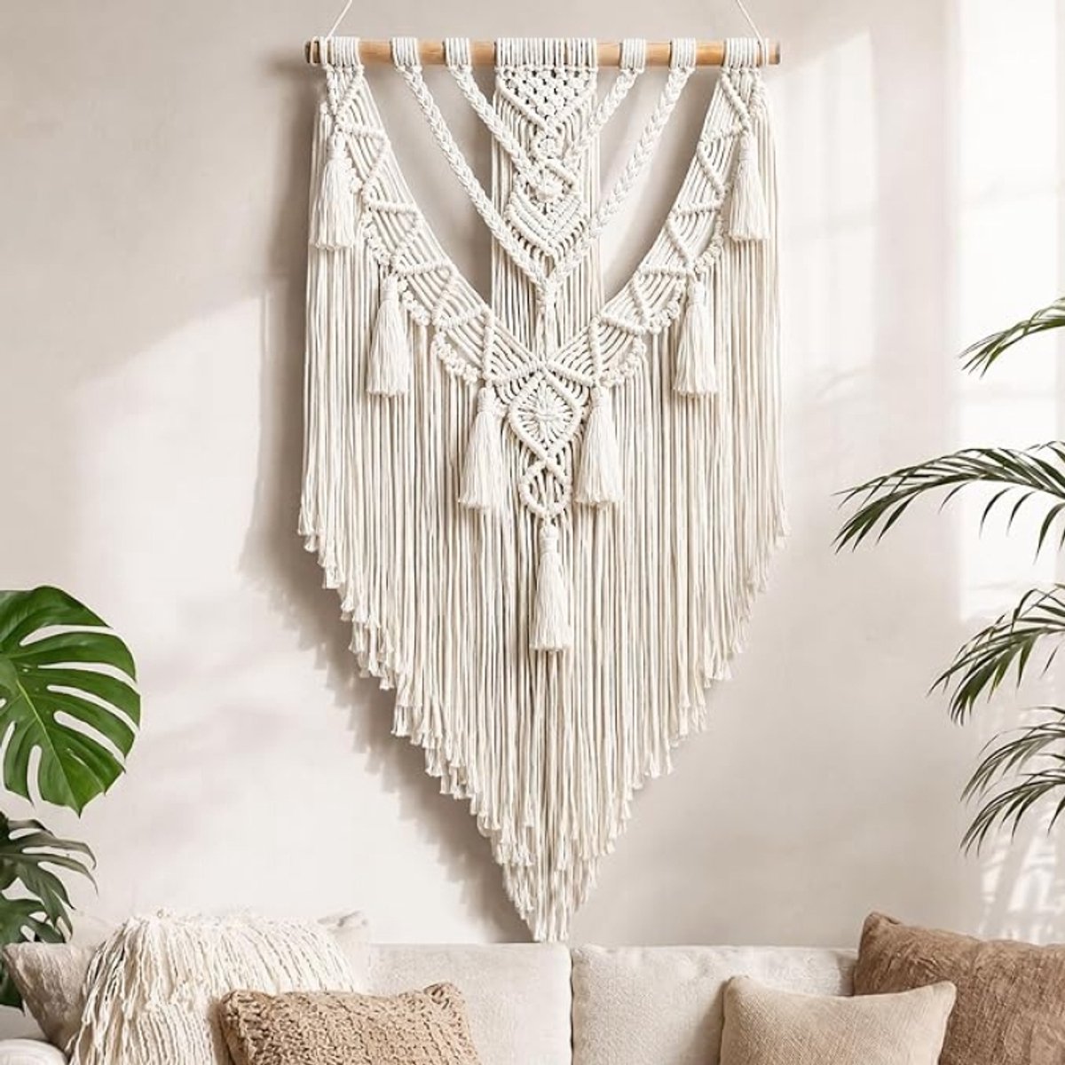 Macramé boho wanddecoratie 70 x 40 cm – handgemaakt wandkleed van 100% katoen met franjes, retrostijl wanddecoratie voor woonkamer en slaapkamer