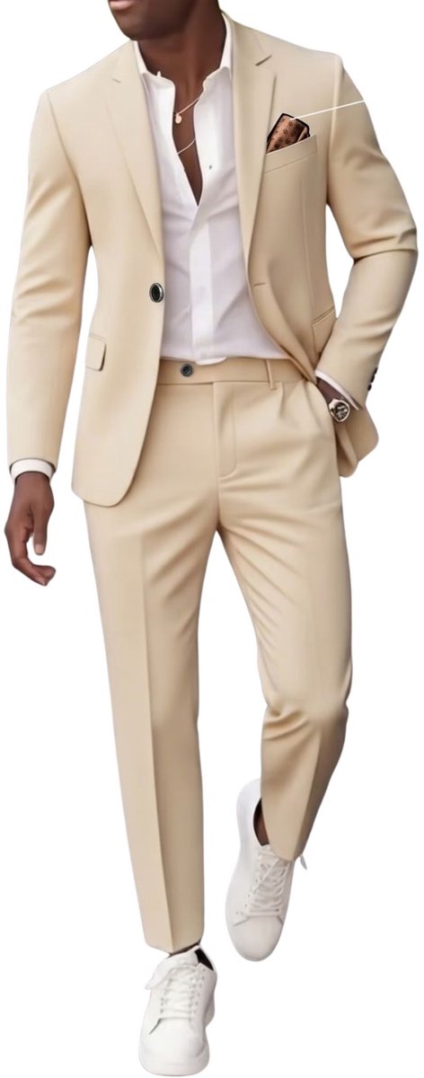 Currero 3 Delig Herenpak Met Overhemd - Suit 2 Delig - Tailored Fit Kostuum - Business Pak - Trouwpak - Smoking - Tuxedo Stijl - Bruiloft, Kantoor & Feest - Beige XXS