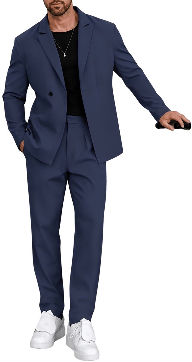Currero 3 Delig Herenpak Met Overhemd - Suit 2 Delig - Tailored Fit Kostuum - Business Pak - Trouwpak - Smoking - Tuxedo Stijl - Bruiloft, Kantoor & Feest - Marineblauw L