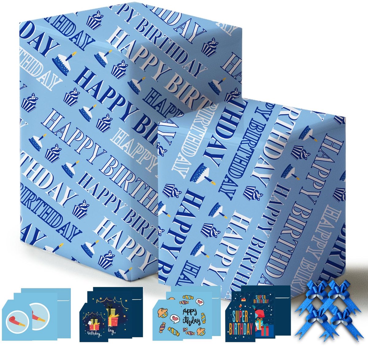 Inpakpapier blauw 85 x 60 cm - Happy Birthday design - 4 vellen met strikken en kaarten - ShopVlot