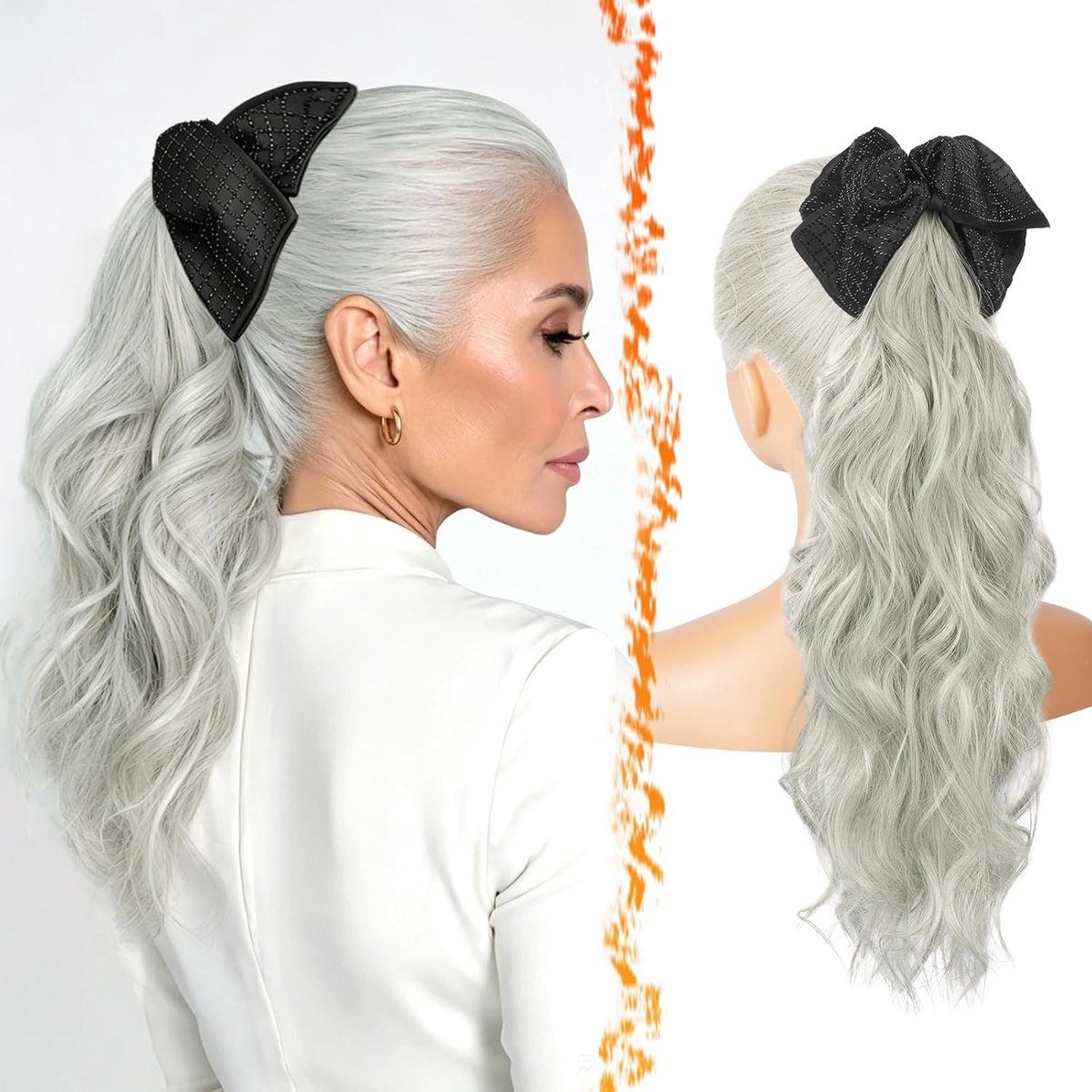 Kleurige Grijze Ponytail Extensions met Klem, 45cm Golvende Haarstuk voor Natuurlijke Look, Lichtgewicht Synthetisch Haar voor Vrouwen