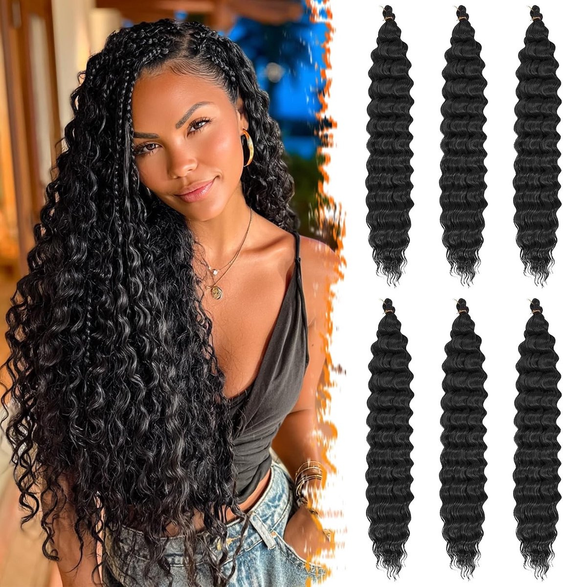 Korte Zwarte Haakhaar 55cm - 6 Pakketten Diep Oceaan Golf Haakhaar voor Vrouwen, Boheemse Stijl, Lang en Krullend Haar, Perfect voor Haarextensions