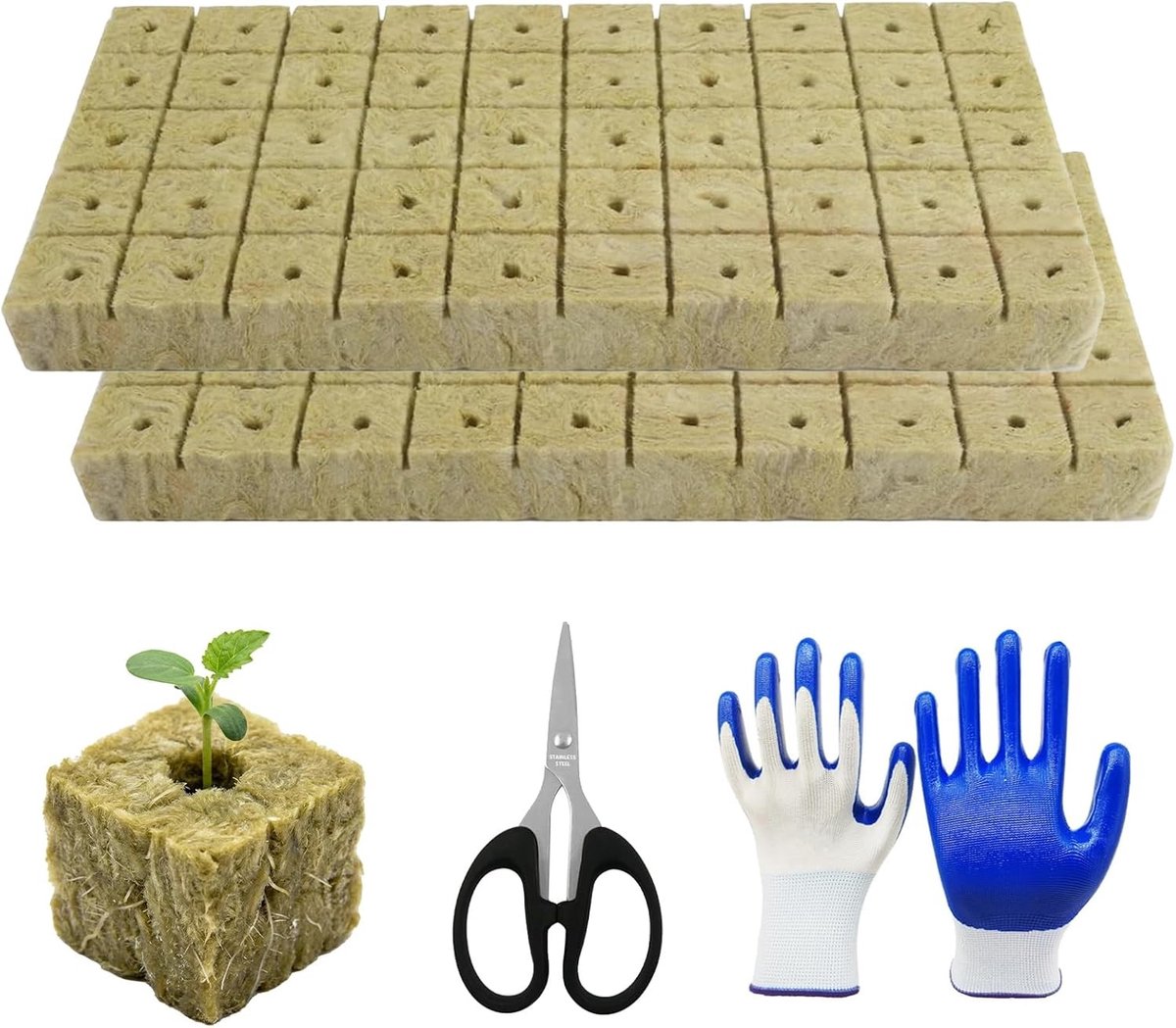 100 Stuks Groeikubussen van Steenwol, 25 x 25 x 25 mm, Inclusief Scharen en Handschoenen, Ideaal voor Hydroponics, Stekken en Groei van Planten