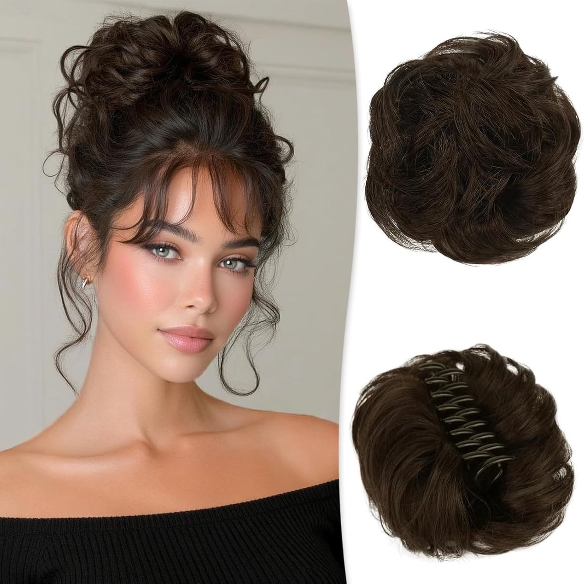 Messy Bun Haarstuk met Krullend en Golvend Haar - Clip-in Chignon en Ponytail Accessoire voor Vrouwen (Natuurlijk Bruin)