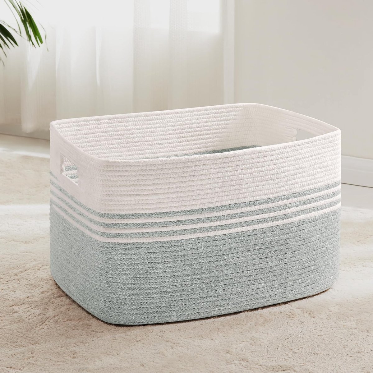 Grote wasmand - Wit en Lichtgroen - 55 x 43 x 30 cm - Geweven van Katoenkoord - Voor Wasgoed en Speelgoed