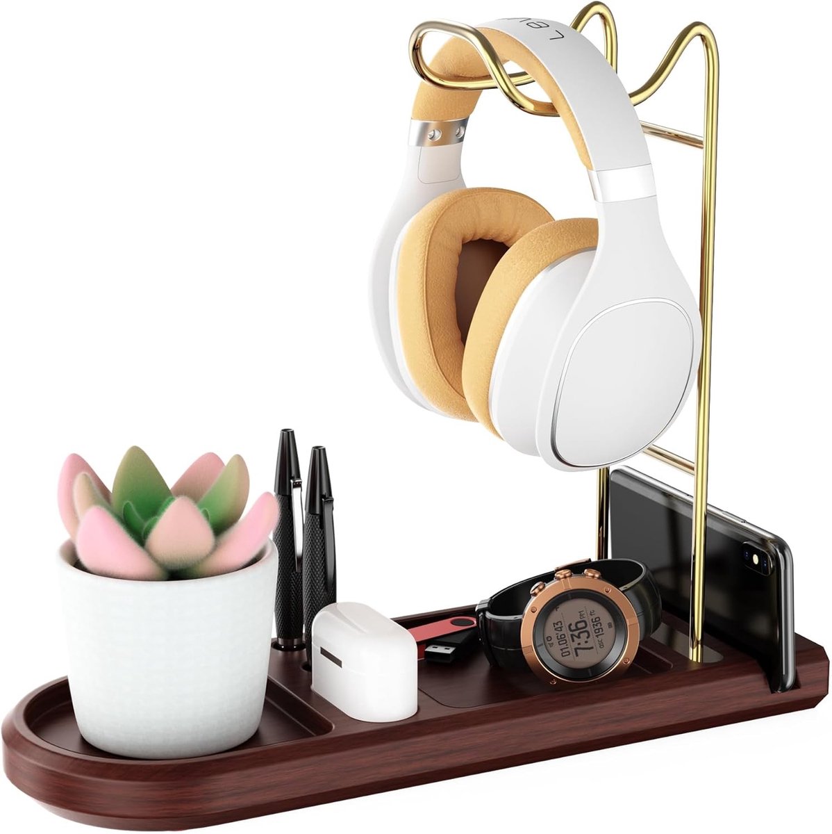 Houten Hoofdtelefoonstandaard voor Bureau, Opslagbasis voor Headset en Gamecontroller, Desk Hanger voor Gaming en Kantooraccessoires in Goud