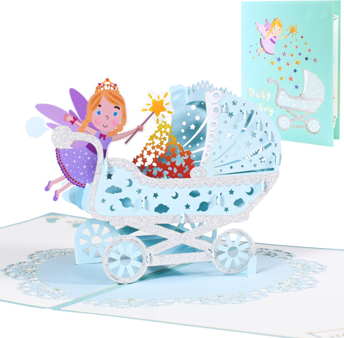 Pop-up kaart baby - 3D wenskaart - fee kinderwagen - voor geboorte of doop - ShopVlot