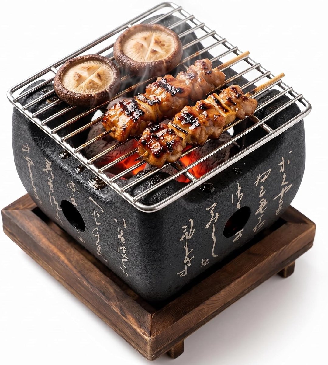 Mini Houtskool Grill voor Buiten, Japanse BBQ Grill met Rooster voor Camping en Tuinfeesten, Perfect voor Yakitori, Takoyaki en Nian Gao (16.5x14.5cm)