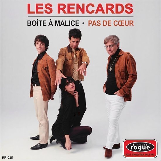 Albumhoes met tekst 'LES RENCARDS BOÎTE À MALICE PAS DE CŒUR'. Vier personen in retrokleding.