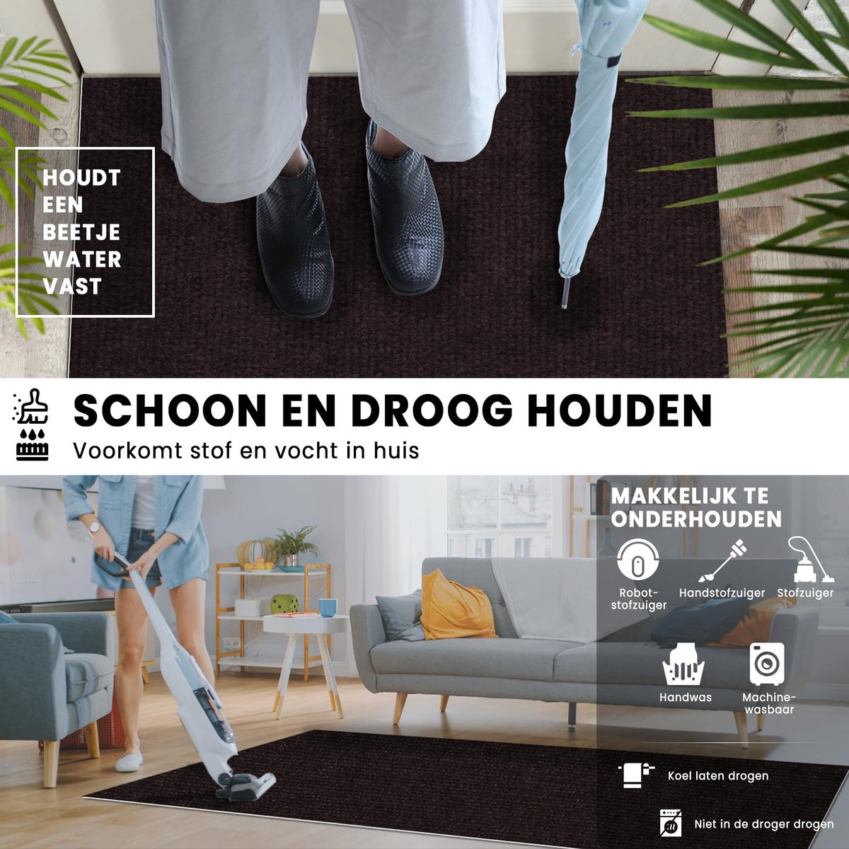 Antislip tapijtloper 240x60cm - wasbaar - donkerbruin - ideaal voor gang en keuken - ShopVlot