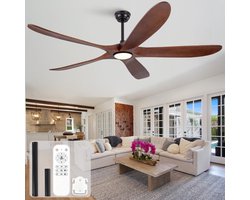 60 inch ultradunne plafondventilator met lamp, 5 massief houten bladen in donker walnoot - 3 kleurtemperaturen - dimbaar - 6 snelheidsstanden - stille luchtcirculatie - voor slaapkamer, eetkamer en woonkamer