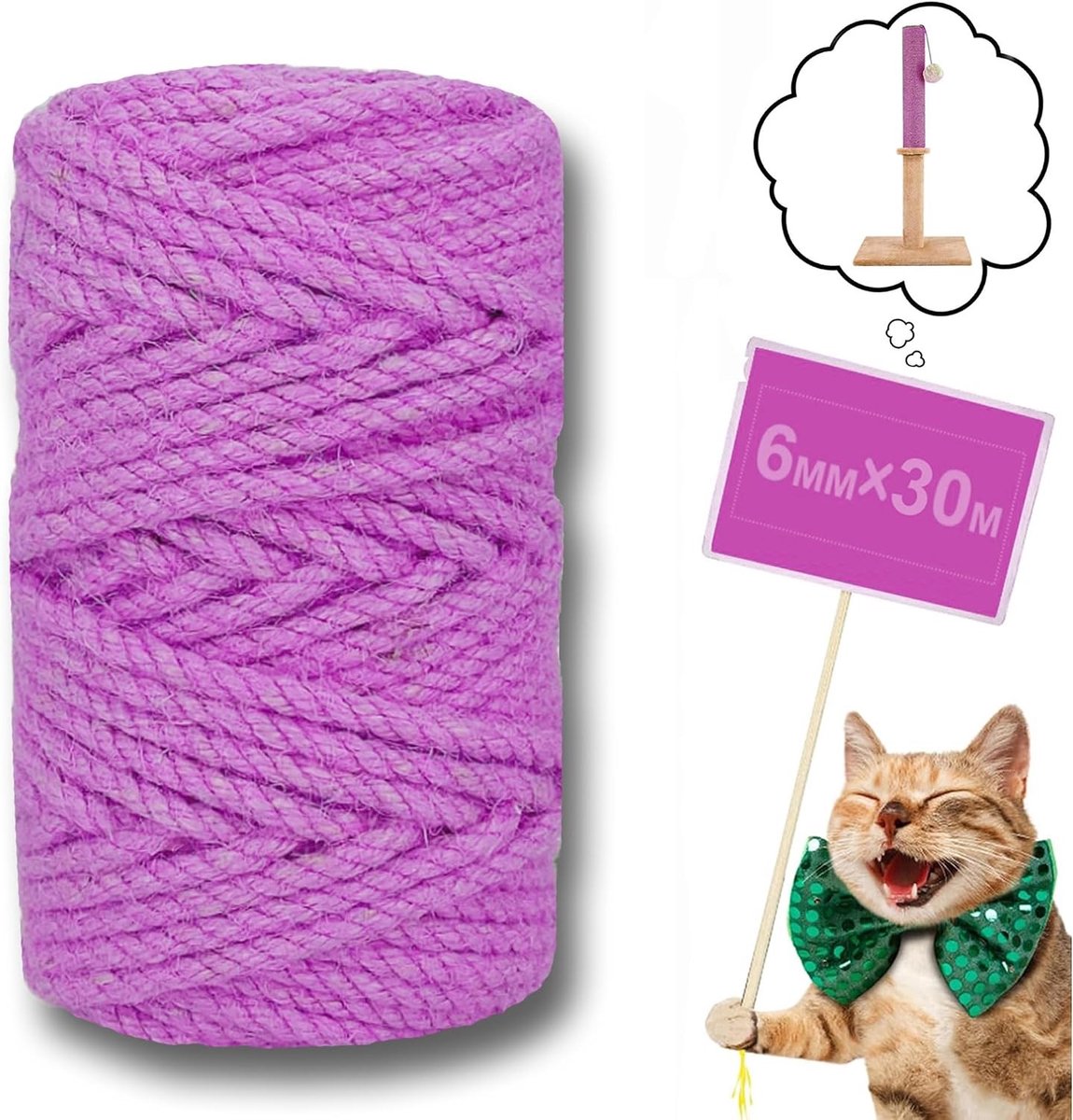 Sisal Touw voor Krabpalen, Natuurlijk Jute Touw voor Katten, Ideaal voor Woonkamer, Tuin en Creatieve Projecten, 6 mm x 30 m, Groene Kleur