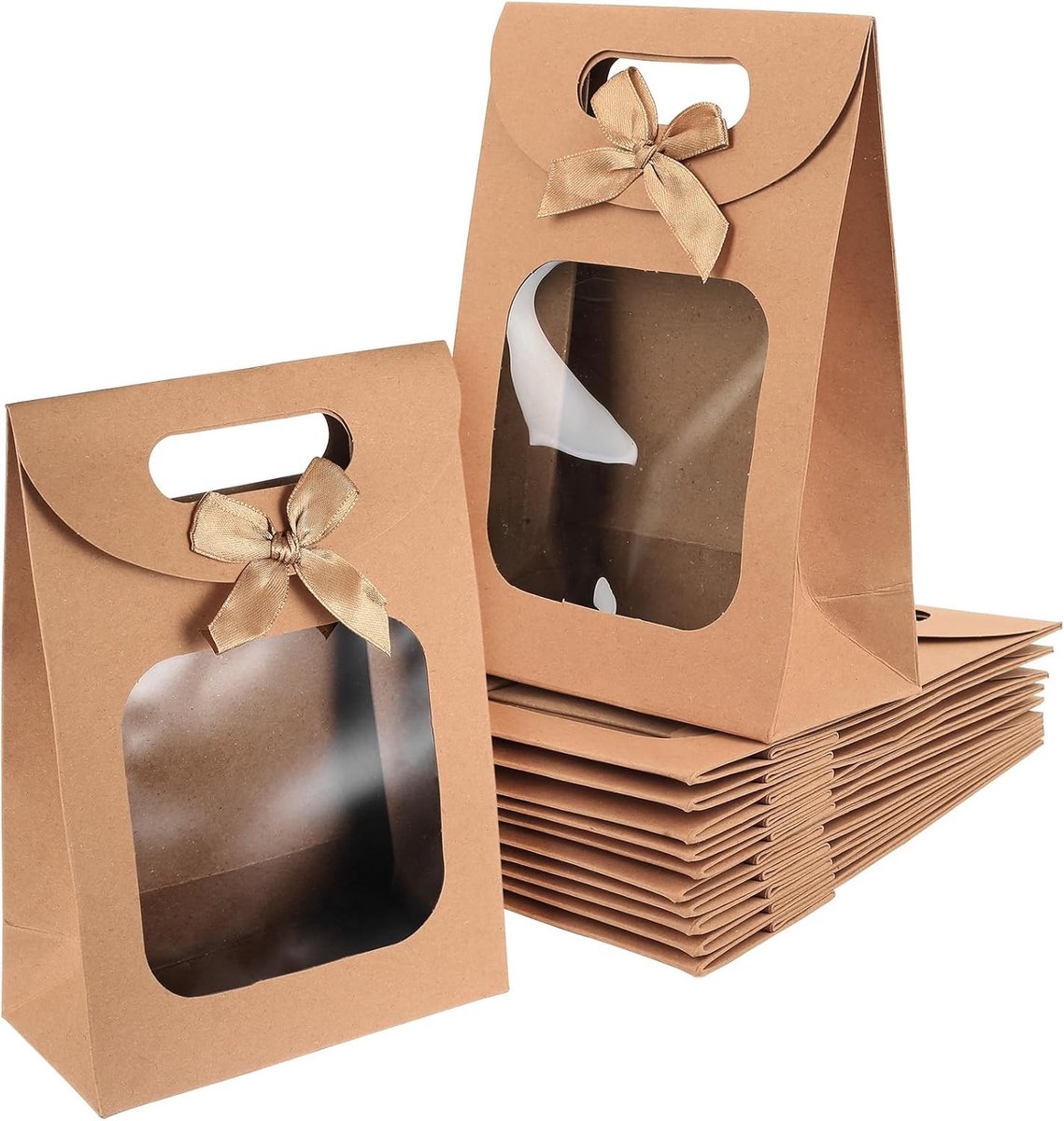 Kleine papieren cadeauzakjes met venster, 12 stuks, ideaal voor geschenkverpakking, snoepzakjes en feestverpakkingen (14 x 20 x 7 cm)