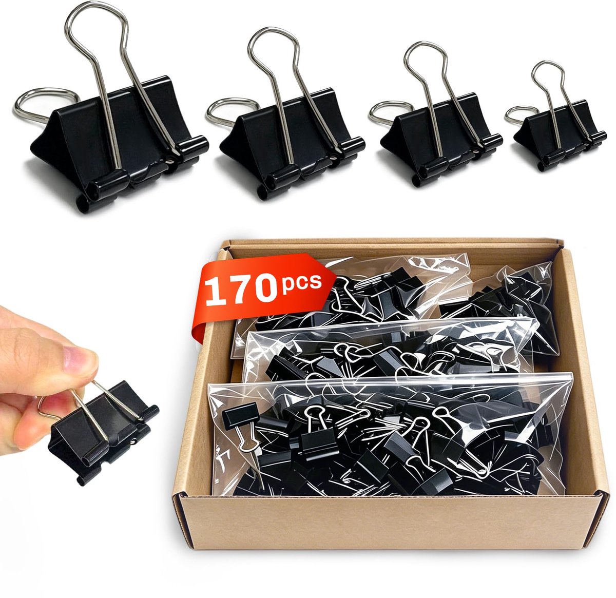 Vouwclips 170 stuks - Zwart metaal - 4 maten paperclips - Ideaal voor school en kantoor - ShopVlot