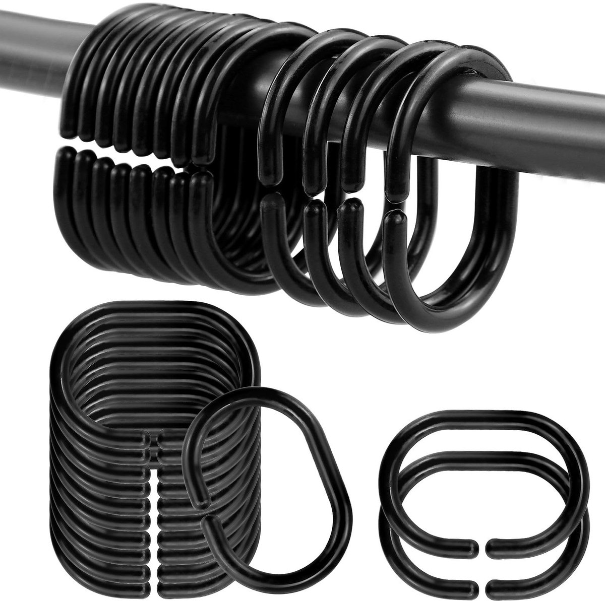 Douchegordijnringen 24 stuks - Zwart plastic - C-vormig - Voor badkamer douche stang - ShopVlot