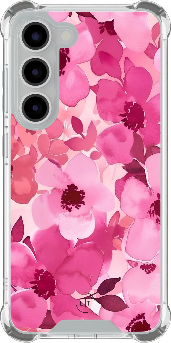 Shockproof hoesje - Geschikt voor Samsung Galaxy S23 - Rosy garden - Extra sterke case - TPU/polycarbonaat - Bloemen - Roze, Transparant