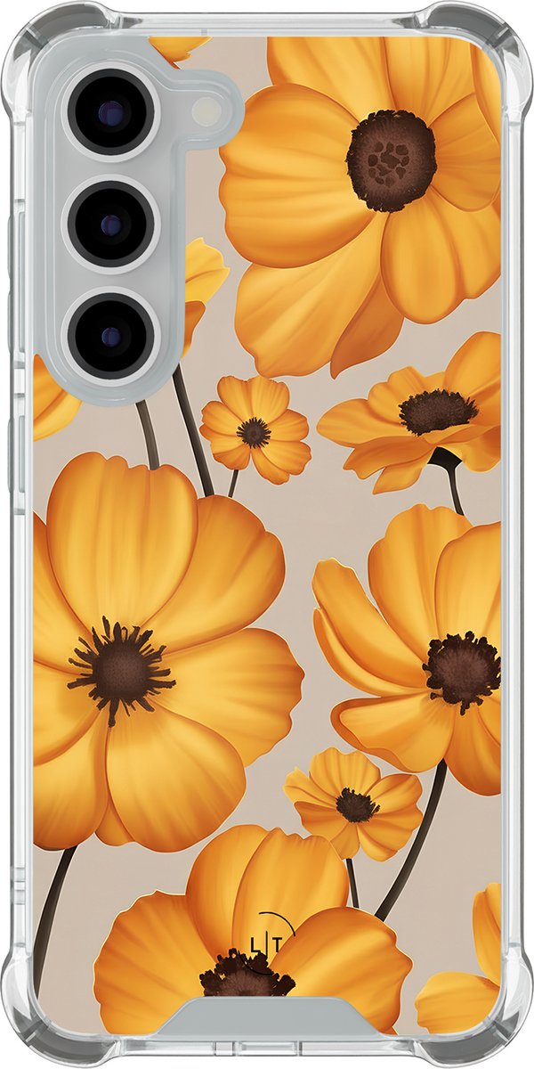 Shockproof hoesje - Geschikt voor Samsung Galaxy S23 - Golden bloom - Extra sterke case - TPU/polycarbonaat - Bloemen - Geel, Transparant