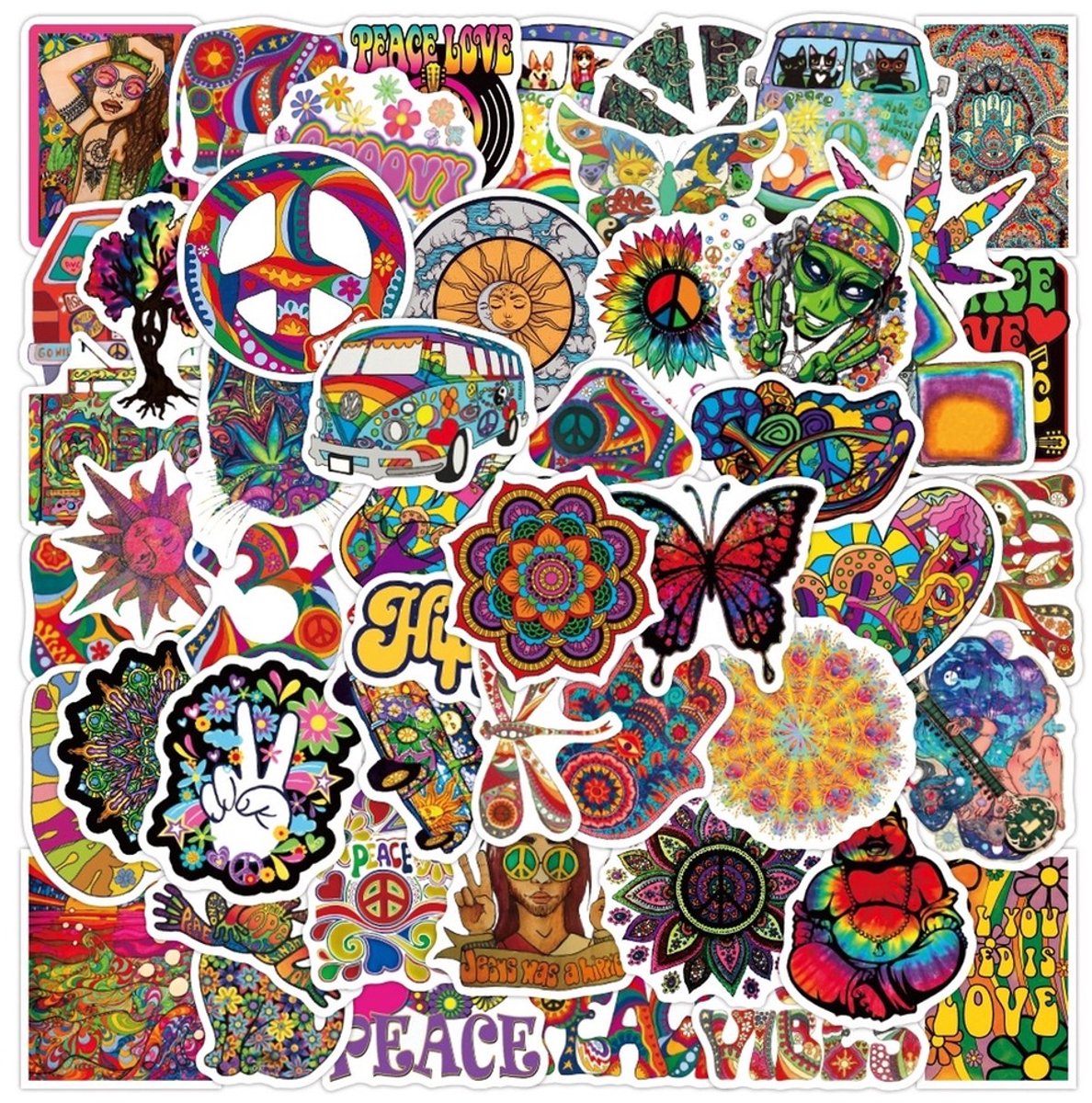 50 Regenboog Hippie Stickers – Peace, Love & Kleurrijke Retro