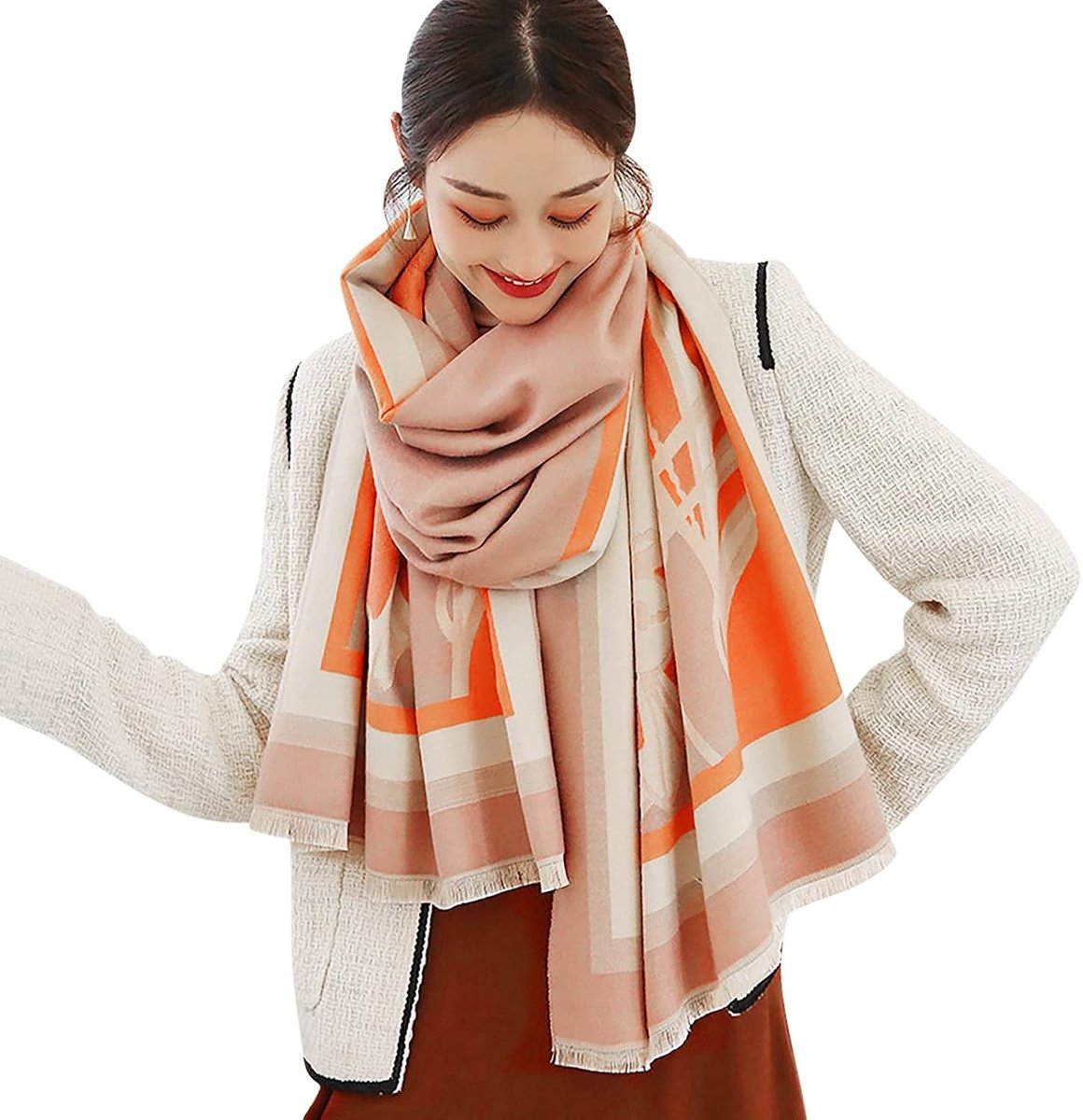 Winter Sjaal voor Dames van Cashmere met Kleurensplitting en Dierenpatroon, Warme Pashmina Sjaals met Franje, Zacht Wol, Dikke Wrap in Oranje, One Size