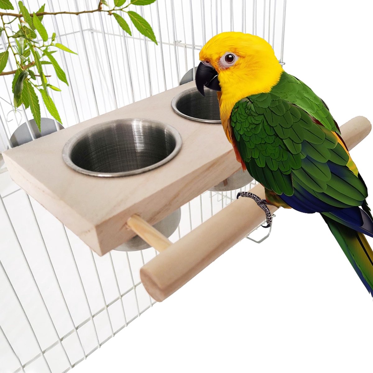 Vogelvoeder met dubbele voerbak - roestvrij staal - houten zitstok - ideaal voor vogels - ShopVlot