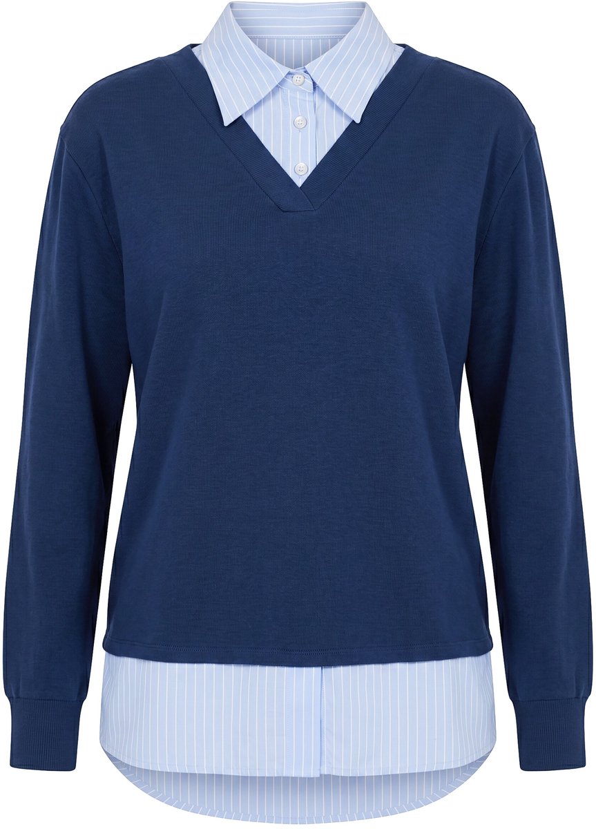 Ulla Popken - Dames - Sweatshirt laagjeslook V-hals lange mouwen - Inktblauw - Maat 42+