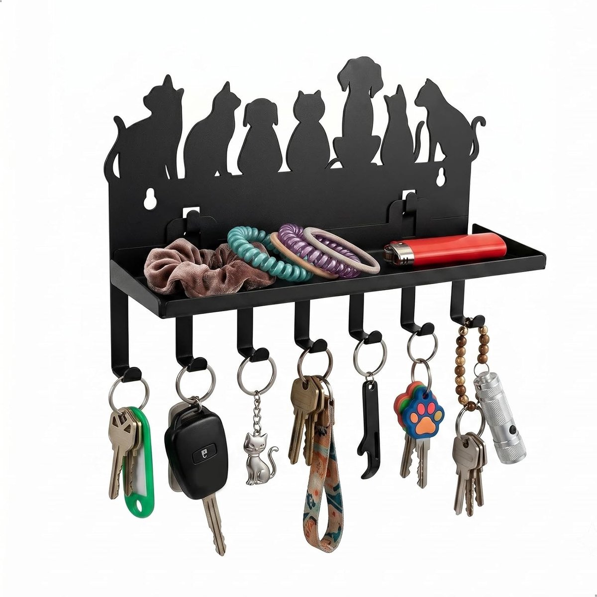 Sleutelrek met plank en 7 haken, wandgarderobe zonder boren, stijlvolle sleutelorganizer in zwart koolstofstaal