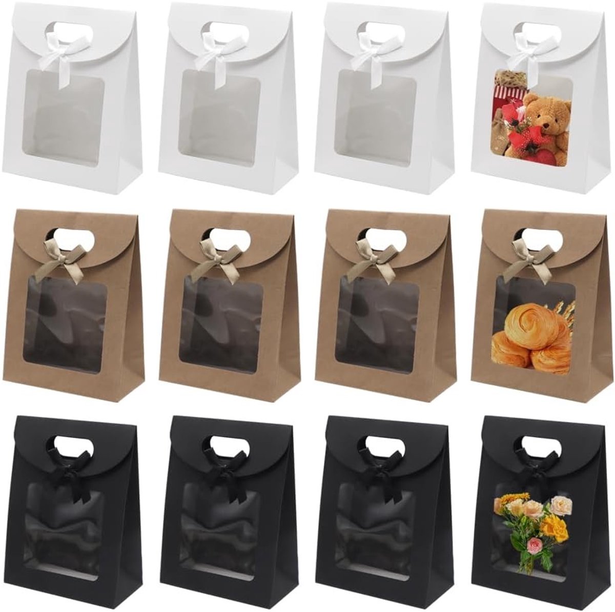 Set van 12 Kraft Papieren Tassen met Handvatten en Venster voor Snoep, Koekjes en Cadeaus (16 x 12 cm)