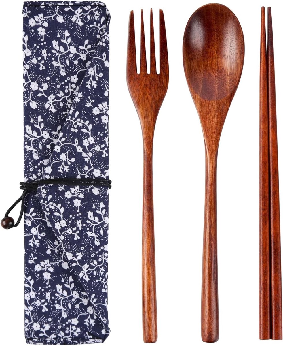 Houten Bestekset van 3 Stukken, Herbruikbare Japanse Stijl Eetstokjes, Vork en Lepel, Ideaal voor Kamperen, Picknicken en Reizen