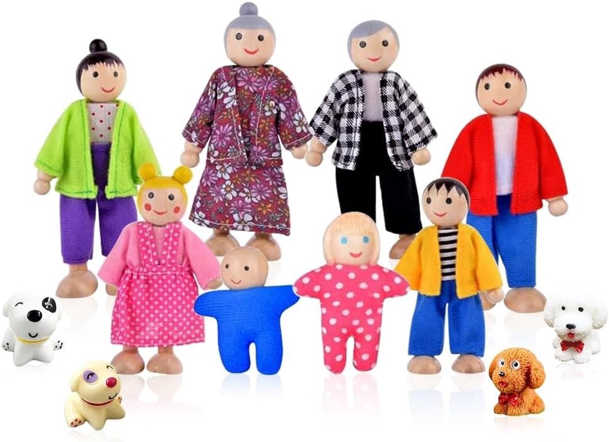 Gezellige Poppenhuis Familie Set met 7 Figuren en Huisdieren - Speelgoed voor Kinderen en Creatief Rollenspel
